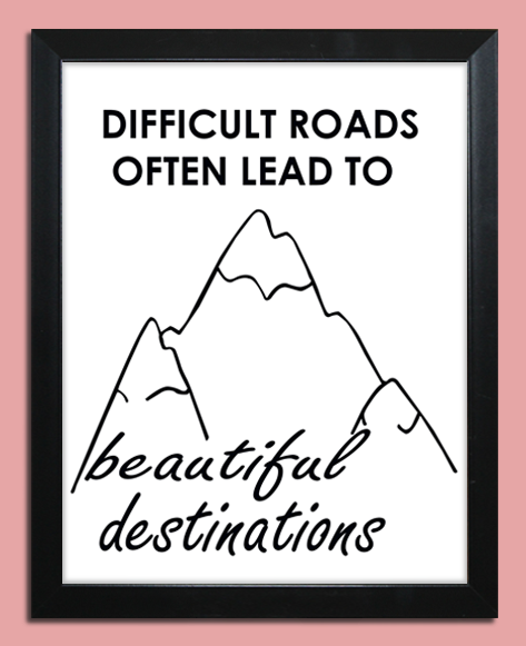 "Difficult Roads Often Lead to Beautiful Destinations" wall poster sticker is a motivational and inspiring piece of wall decor