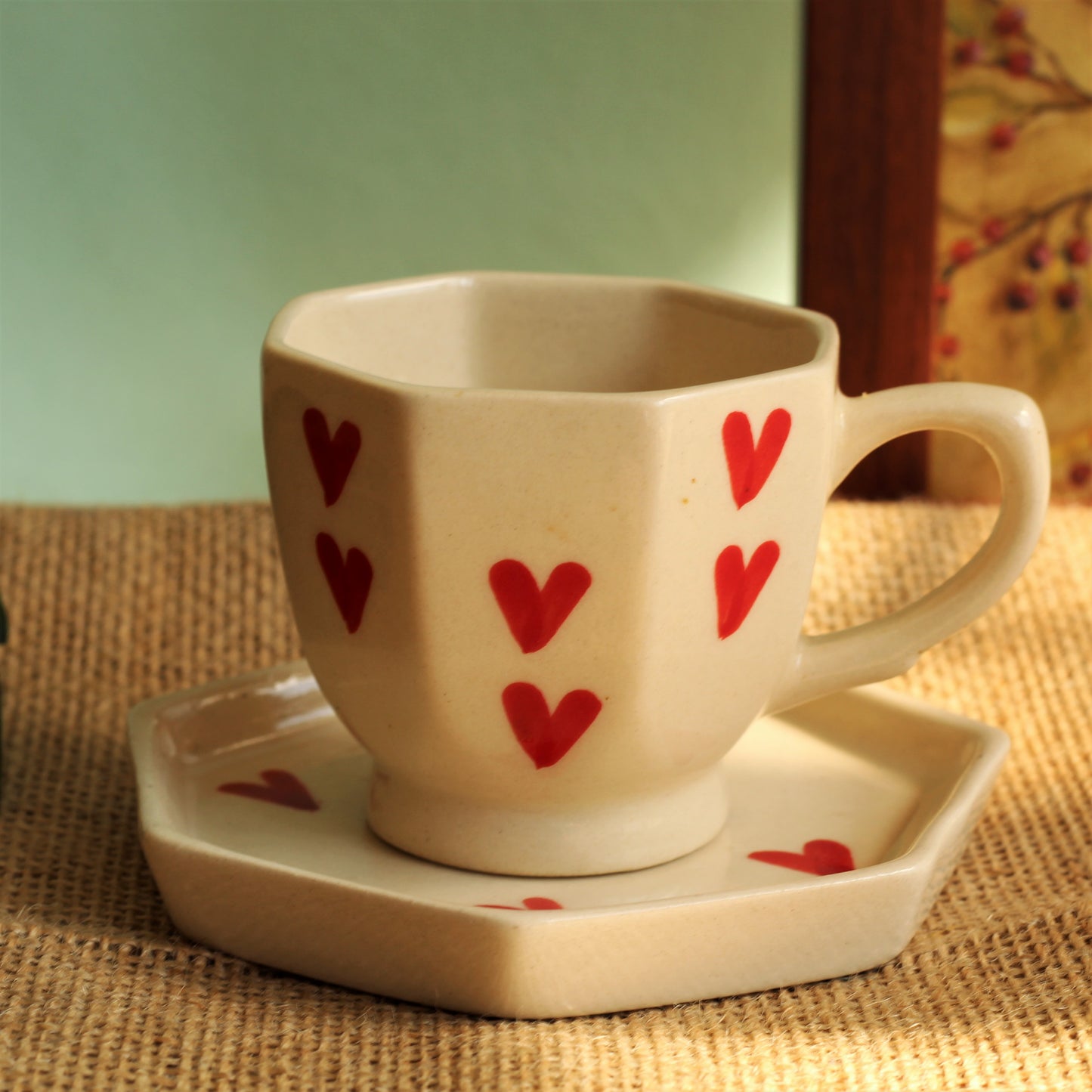 Red heart cup with plate
