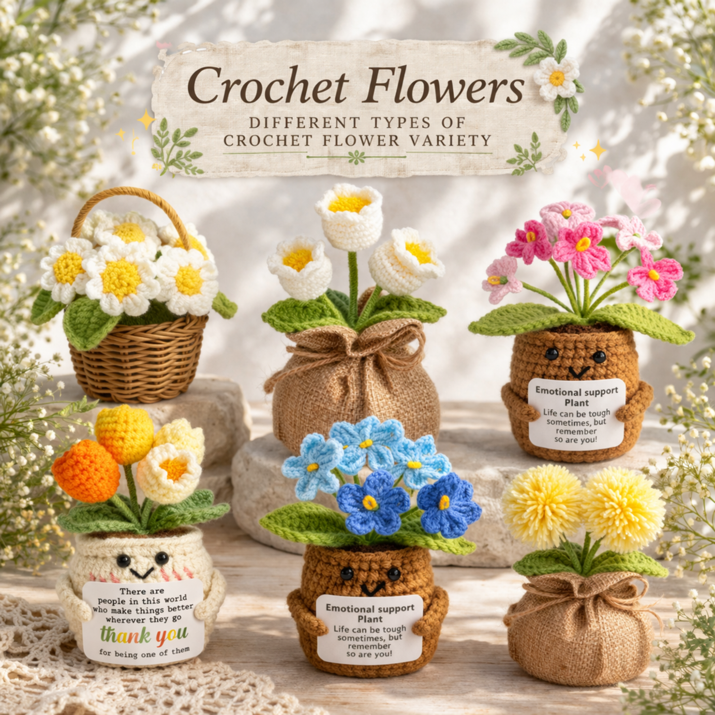 Emotional Support Crochet Pink Daisy Flower with Inspiring Message