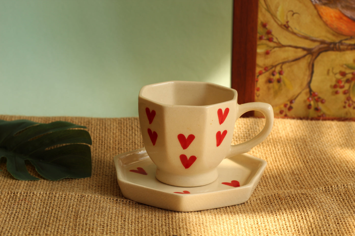 Red heart cup with plate