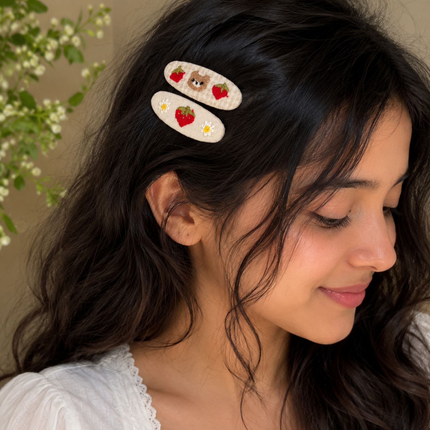 Embroidered Strawberry Bear Clip Set