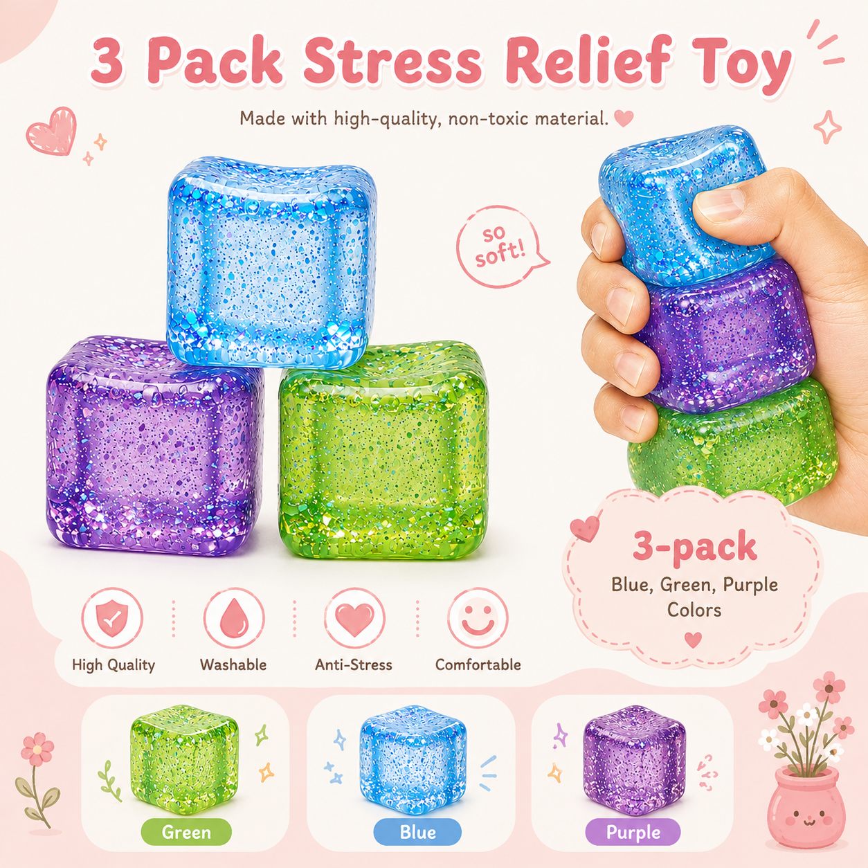 Glittery Ice Cube Squeezy Pack (3 colour Pack)