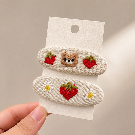 Embroidered Strawberry Bear Clip Set