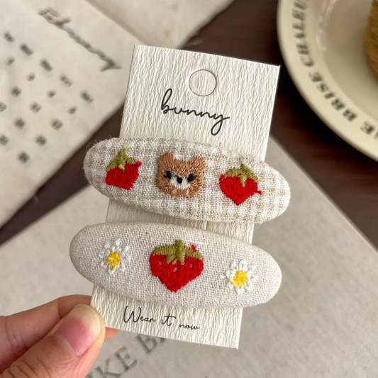 Embroidered Strawberry Bear Clip Set
