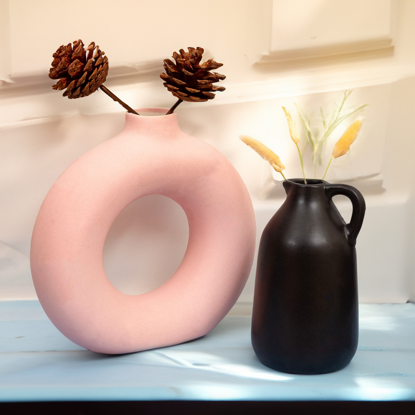 Pink Donut & Black Tribal Vase Duo