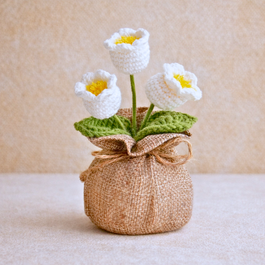 3 Crochet White Tulips with Lucky Jute Bag