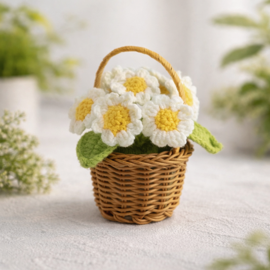 Crochet White Daisy Flower Basket for Gifting