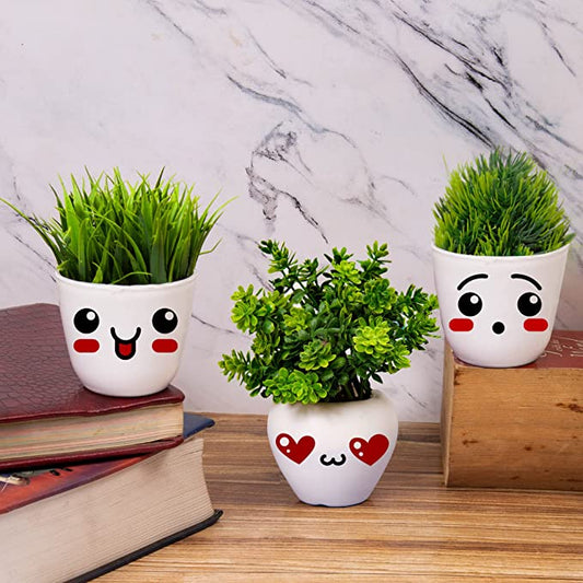Cute Artificial Small Plants for Table Decor (3 Pots, Green)